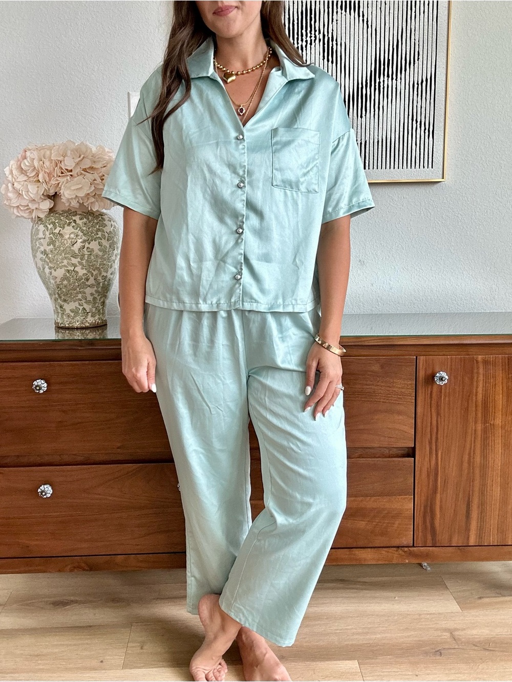 House of Harlow 1960 Mint Satin Pajama Set Size Large